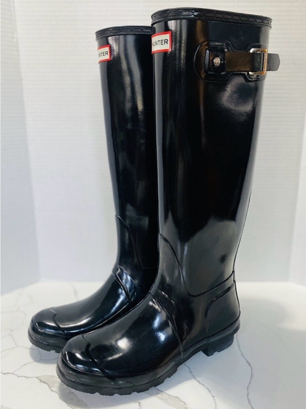 Hunter Glossy Black Knee-High Rain Boots with Side Buckle